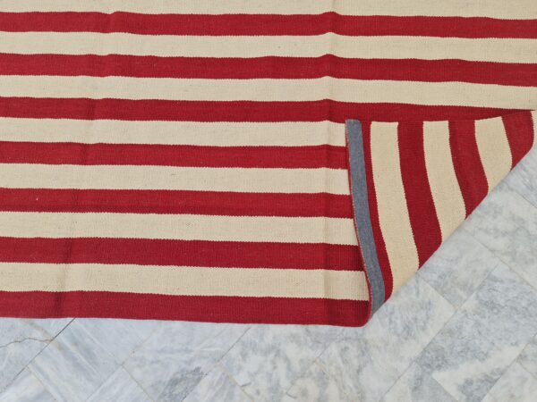 Red and White Striped Flatweave Wool Rug - Image 4