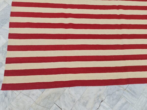 Red and White Striped Flatweave Wool Rug - Image 6