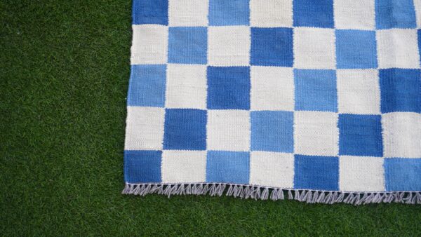 Blue, White, and Multicolor Checkered Flatweave Wool Rug - Image 2