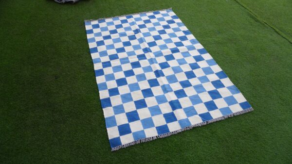 Blue, White, and Multicolor Checkered Flatweave Wool Rug