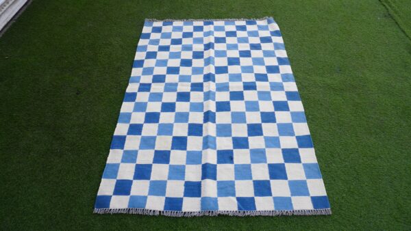 Blue, White, and Multicolor Checkered Flatweave Wool Rug - Image 3