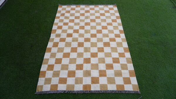 Brown, White, and Multicolor Checkered Flatweave Wool Rug - Image 2