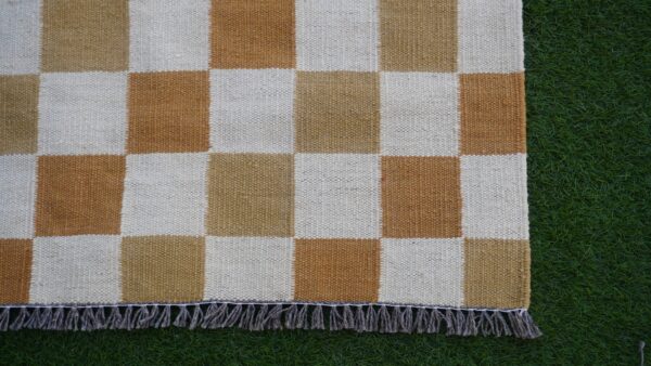 Brown, White, and Multicolor Checkered Flatweave Wool Rug - Image 3