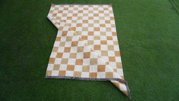 Brown, White, and Multicolor Checkered Flatweave Wool Rug - Image 4