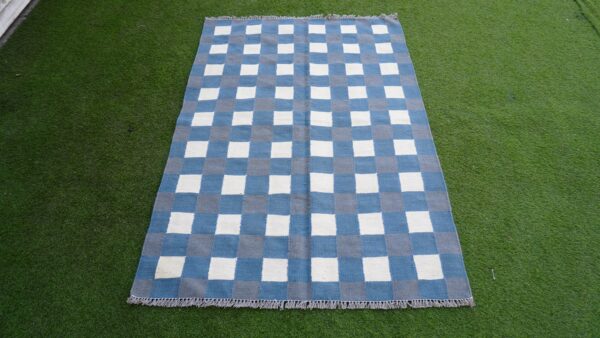 Grey, White, and Multicolor Checkered Flatweave Wool Rug - Image 2