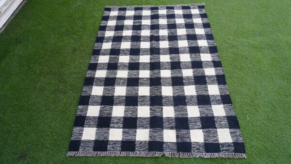 Black and White Checkered Flatweave Wool Rug - Image 2