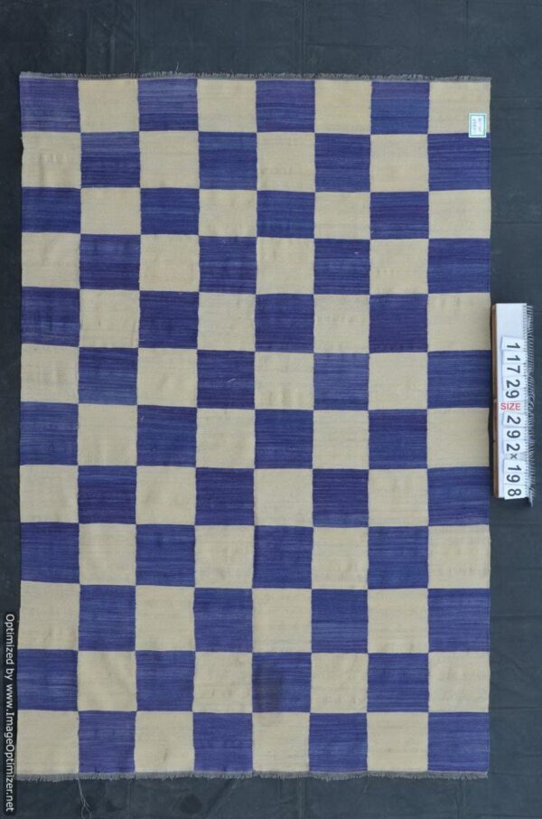 Blue and White Checkered Flatweave Wool Rug - Image 3