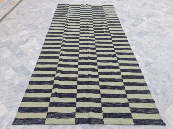 Black and Green Striped Flatweave Wool Rug - Image 2