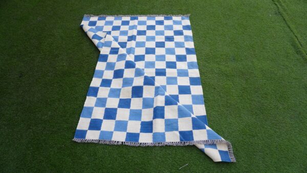 Blue, White, and Multicolor Checkered Flatweave Wool Rug - Image 4