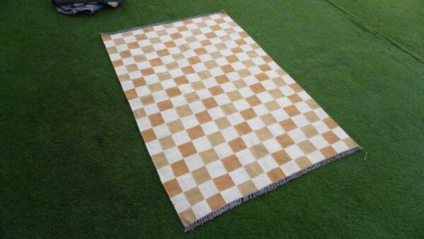 Brown, White, and Multicolor Checkered Flatweave Wool Rug