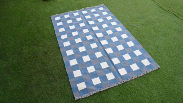 Grey, White, and Multicolor Checkered Flatweave Wool Rug