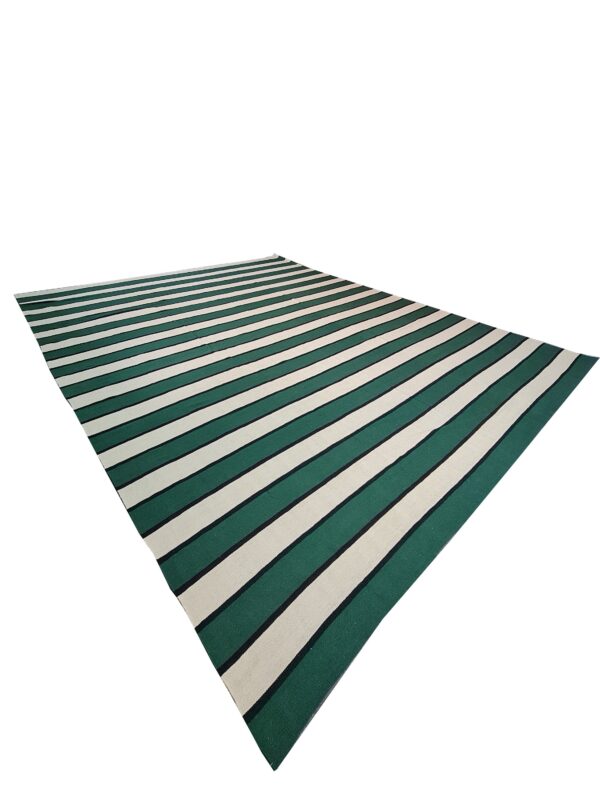 Green, White, and Multicolor Striped Flatweave Wool Rug - Image 3