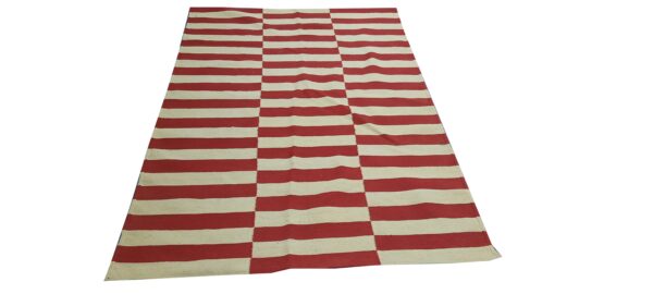 Red and White Striped Flatweave Wool Rug - Image 2