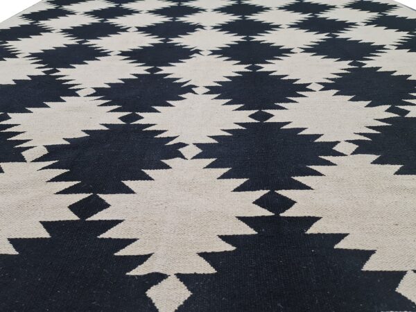 Black and White Geometric Flatweave Wool Rug in Black and White for Living Areas - Image 6