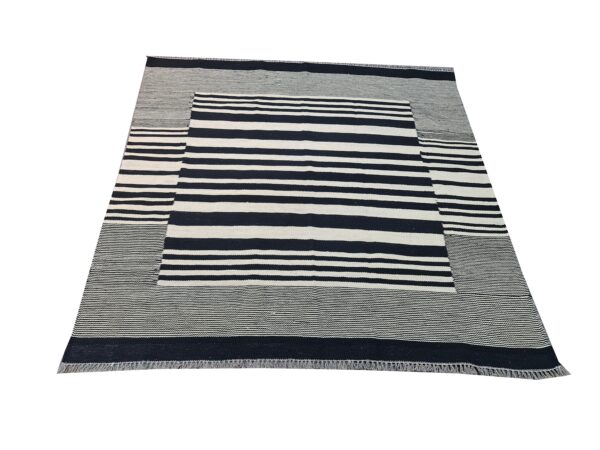 Reversible Black and White Striped Flatweave Wool Rug for Double the Wear