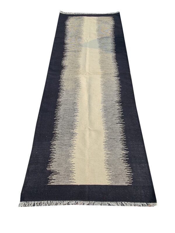 Afghan Inspired Black and White Striped Flatweave Wool Runner - Image 2