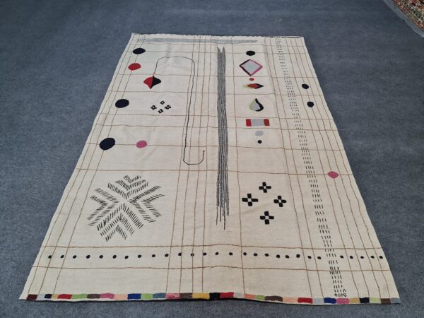 Black, White, and Multicolor Suzani Embroidered Wool Rug