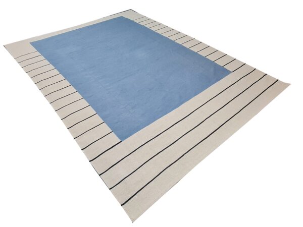 Long Life Blue and White Striped Flatweave Wool Rug - Image 3