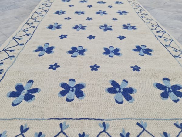 Blue and White Suzani Embroidered Wool Rug - Image 4