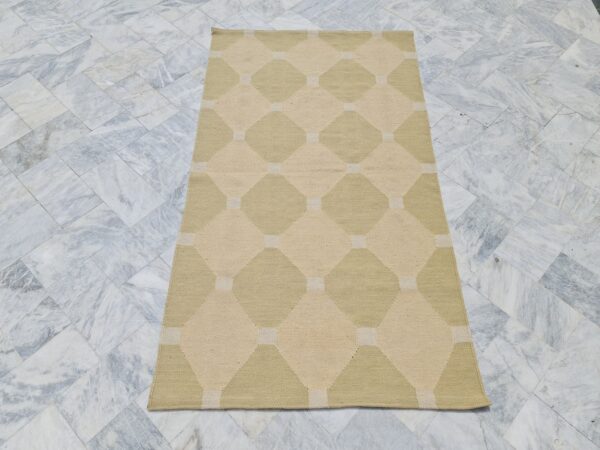 Green and Beige Geometric Flatweave Wool Rug