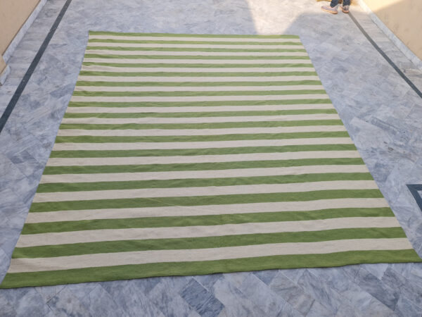 Green and White Striped Flatweave Wool Rug for Living Spaces - Image 2