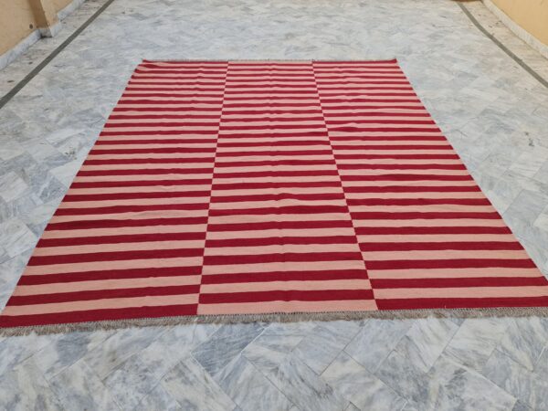 Red and Pink Striped Flatweave Wool Rug for Living Spaces