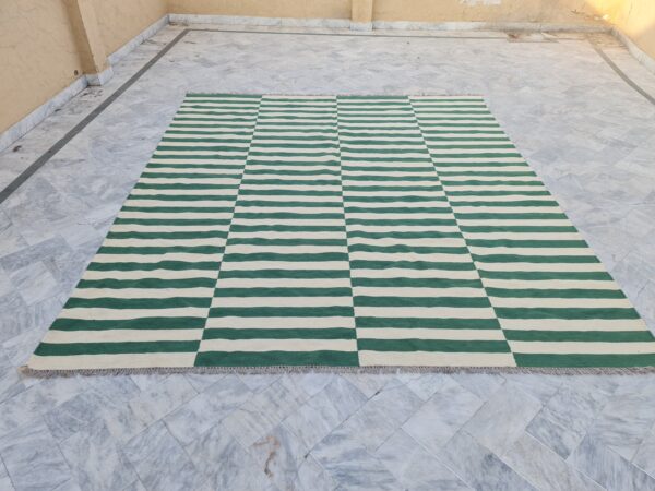 Fresh Green and White Striped Flatweave Wool Kilim for Sober Styling