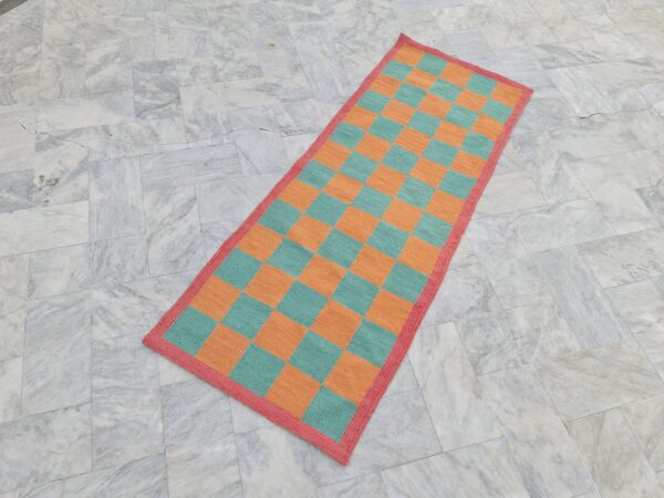 Orange and Green Checkered Flatweave Wool Runner - Image 2