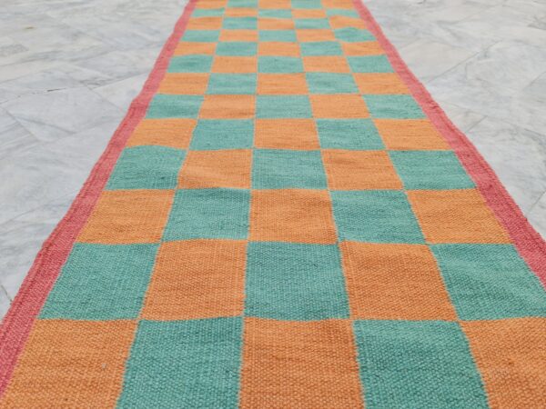 Orange and Green Checkered Flatweave Wool Runner - Image 8