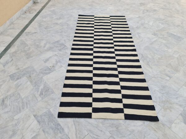 Striking Black and White Striped Flatweave Wool Runner for House Styling - Image 2