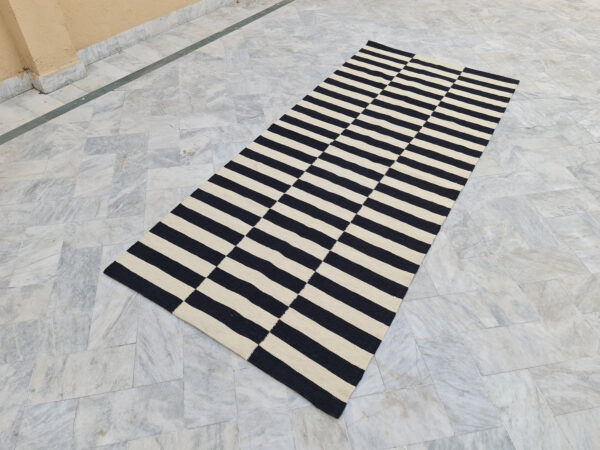 Striking Black and White Striped Flatweave Wool Runner for House Styling