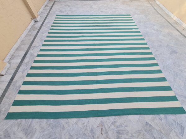 Green and White Striped Flatweave Wool Kilim for a Serene Ambiance