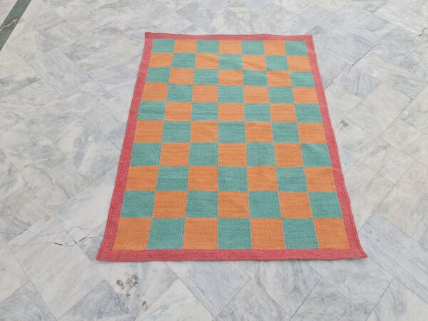 Orange and Green Checkered Flatweave Wool Rug - Image 2