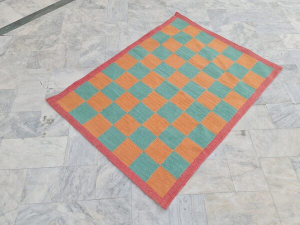 Orange and Green Checkered Flatweave Wool Rug