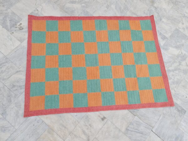 Orange and Green Checkered Flatweave Wool Rug - Image 3