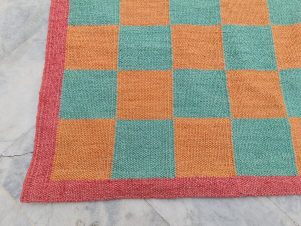 Orange and Green Checkered Flatweave Wool Rug - Image 4