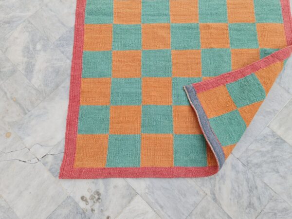 Orange and Green Checkered Flatweave Wool Rug - Image 6