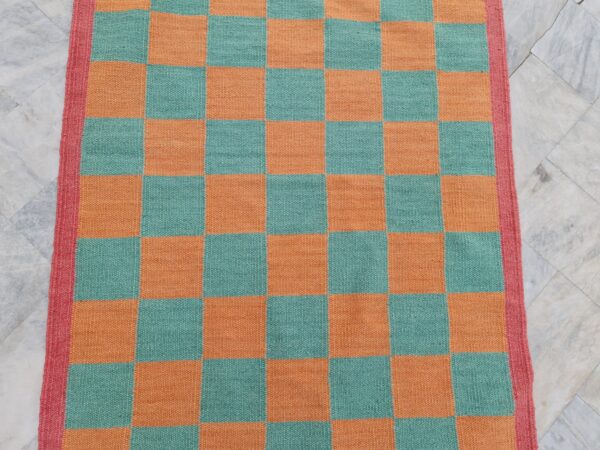 Orange and Green Checkered Flatweave Wool Rug - Image 9