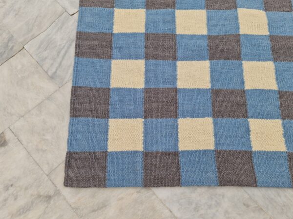 Blue, Grey, and Multicolor Checkered Flatweave Wool Rug - Image 4