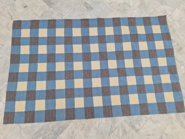 Blue, Grey, and Multicolor Checkered Flatweave Wool Rug - Image 3