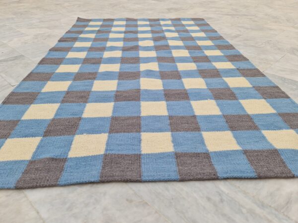 Blue, Grey, and Multicolor Checkered Flatweave Wool Rug - Image 7