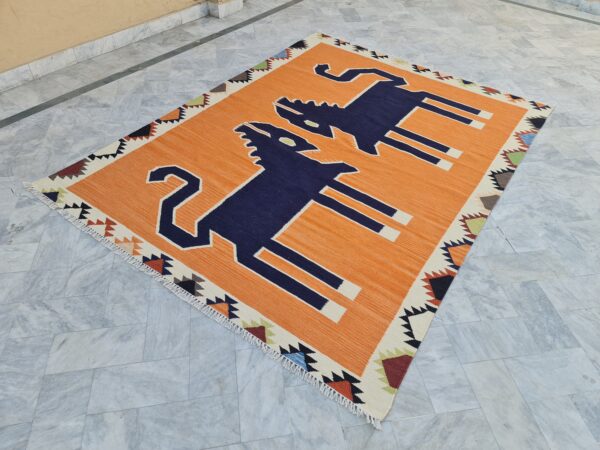 Orange, Blue, and Multicolor Navajo Flatweave Wool Rug