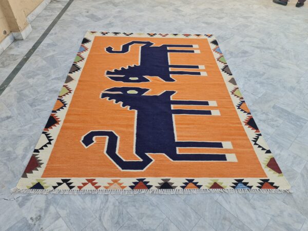 Orange, Blue, and Multicolor Navajo Flatweave Wool Rug - Image 3