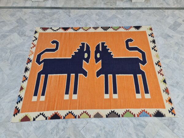 Orange, Blue, and Multicolor Navajo Flatweave Wool Rug - Image 2