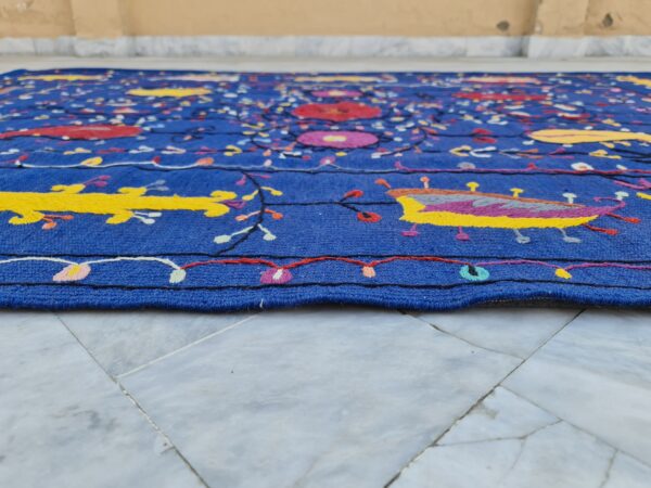 Blue, Yellow, and Multicolor Suzani Embroidered Wool Rug - Image 2