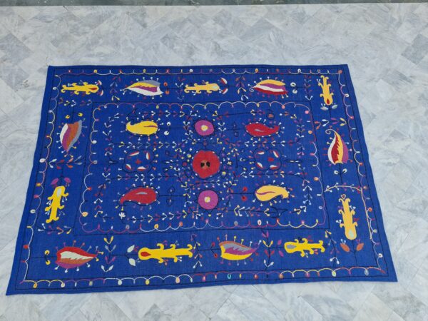 Blue, Yellow, and Multicolor Suzani Embroidered Wool Rug