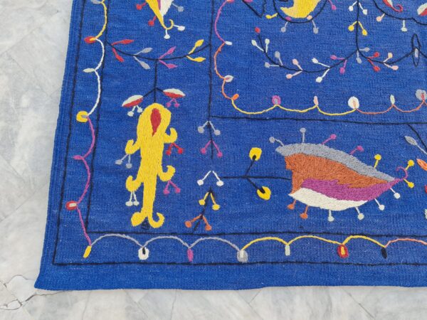 Blue, Yellow, and Multicolor Suzani Embroidered Wool Rug - Image 5