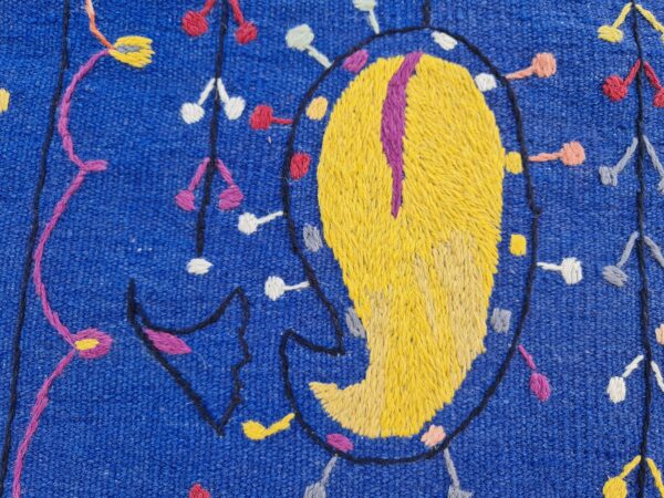 Blue, Yellow, and Multicolor Suzani Embroidered Wool Rug - Image 7