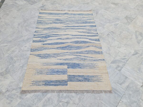 Blue and Beige Striped Flatweave Wool Rug - Image 5