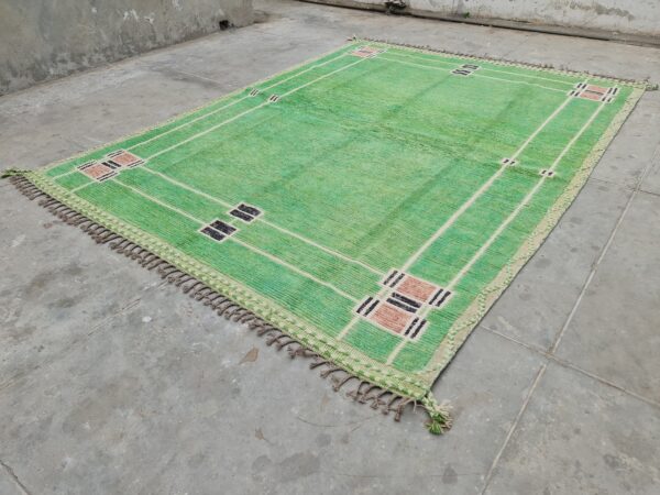 Green, White, and Multicolor Moroccan Hand Knotted Wool Rug